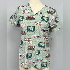 NWT Cherokee Dog Is Good Scrub Top S Green Happy Camper Dogs Scrubs Vet Tech